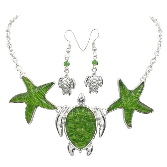 Green Sea Turtle Starfish Necklace Earrings Set - Picture 1 of 3
